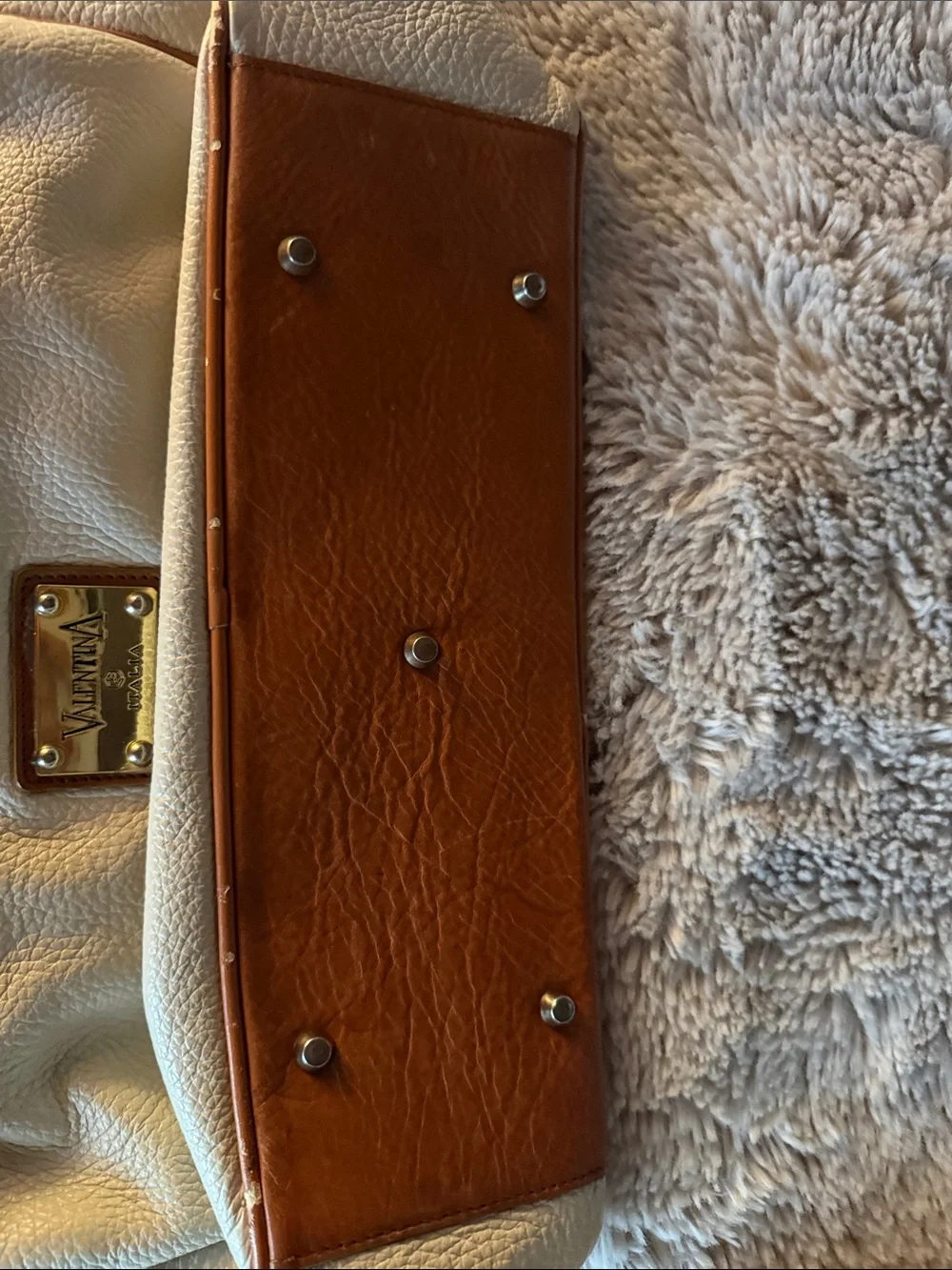 Valentina Cream Satchel with Tan Accents and Gold Plate